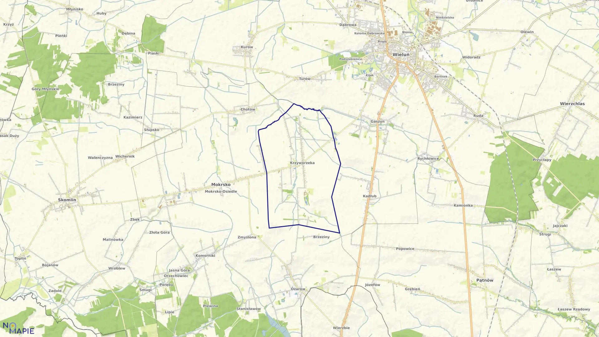 Mapa obrębu KRZYWORZEKA w gminie Mokrsko