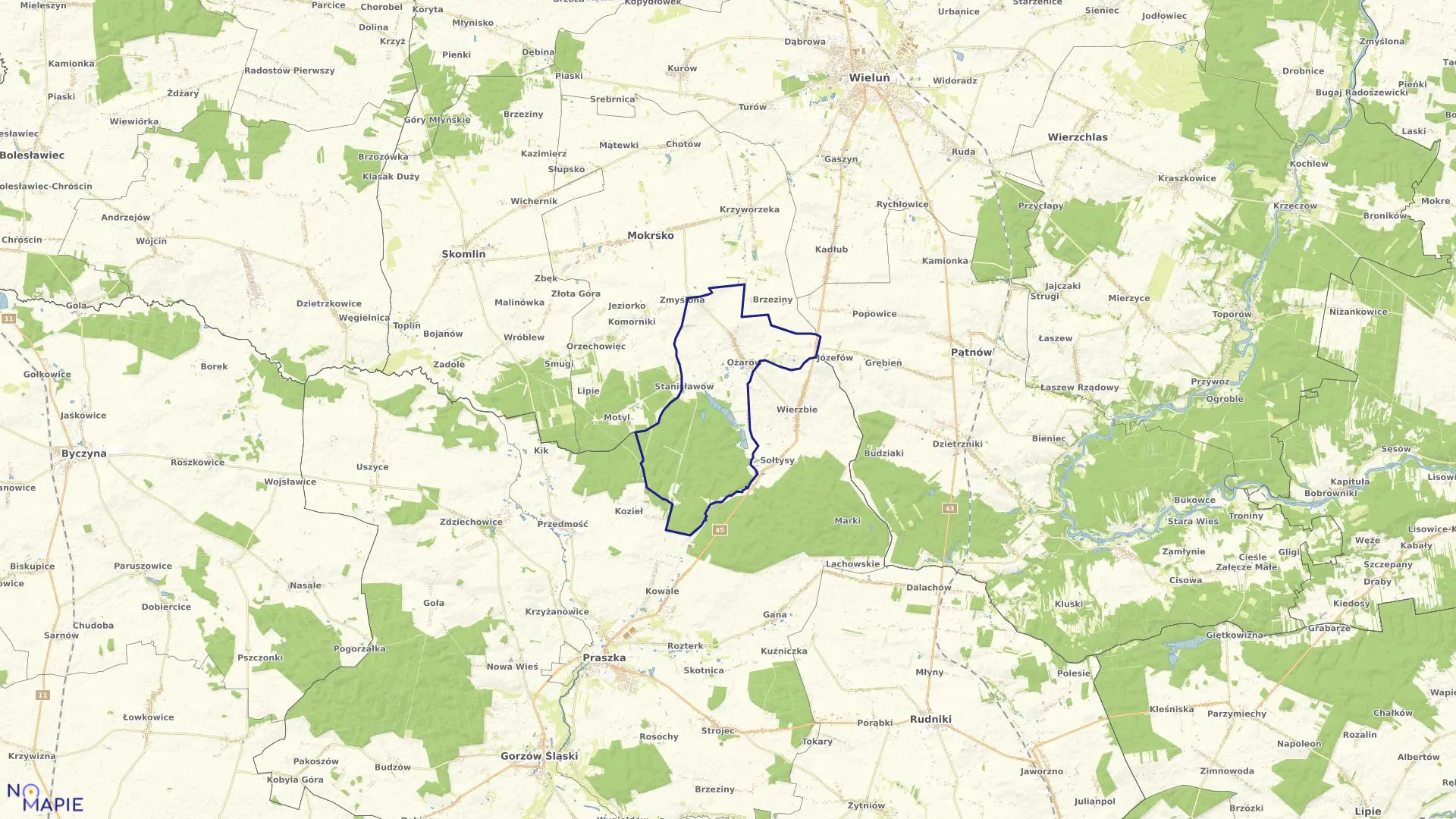 Mapa obrębu OŻARÓW w gminie Mokrsko